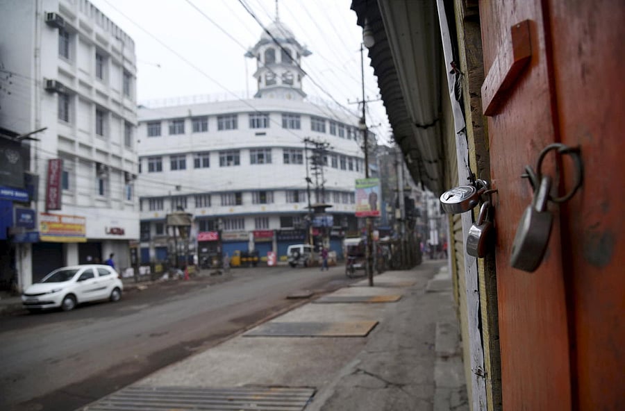 Shops remain closed at Fancy Bazar during 'Bharat Bandh'. Credit: PTI photo.