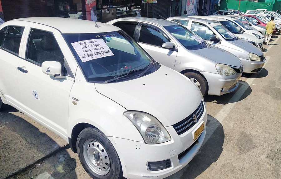 Taxis remained off the road as part of the protest in Madikeri.