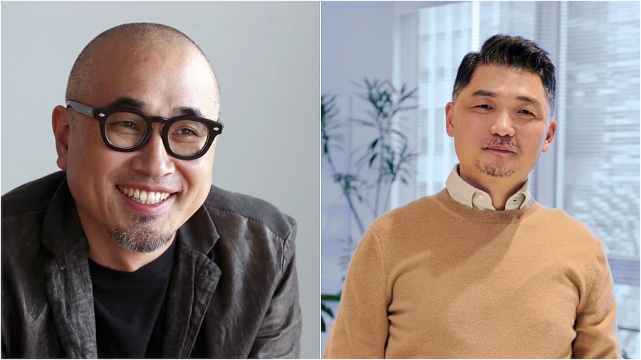 Kim Bong-jin of food-delivery app Woowa Brothers and Kim Beom-su, founder of South Korea's biggest messaging app KakaoTalk. Credit: AFP Photo