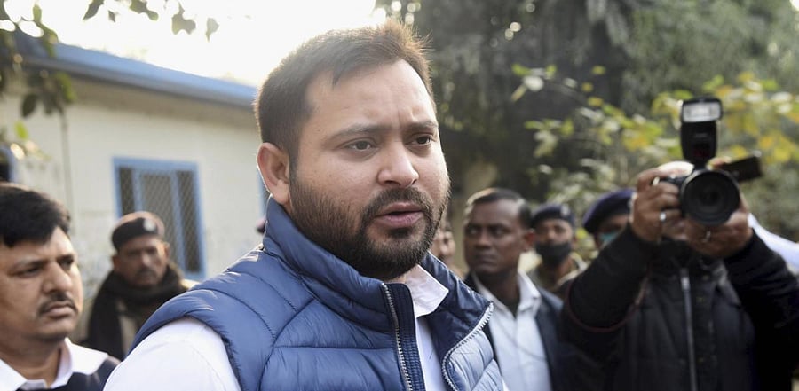 RJD leader Tejashwi Yadav speaks to media personnel on Union Budget 2020-21, in Patna. Credit: PTI Photo
