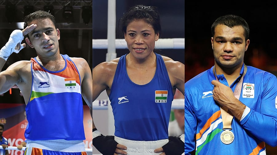 Indian boxers Amit Panghal (L), Mary Kom (C), and Vikas Krishan (R). Credit: PTI and AFP Photos