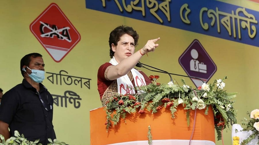 Congress general secretary Priyanka Gandhi at a rally in Tezpur in poll-bound Assam on Tuesday. Credit: Assam Pradesh Congress Committee,