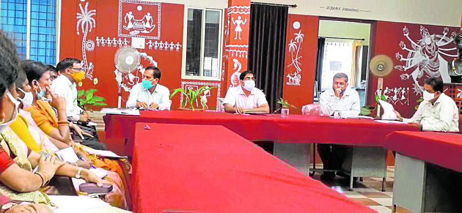 Zilla Panchayat CEO Bhanwar Singh Meena chairs a meeting of the education department in Madikeri.