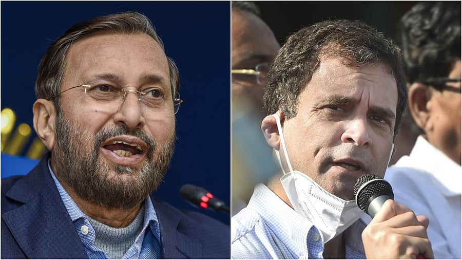 I&B Minister Prakash Javadekar and Congress leader Rahul Gandhi. Credit: PTI Photos