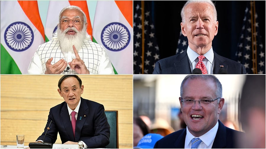 (Clockwise) Indian Prime Minister Narendra Modi, United States President Joe Biden, Australian Prime Minister Scott Morrison and  Japanese Prime Minister Yoshihide Suga. Credit: Agency Images