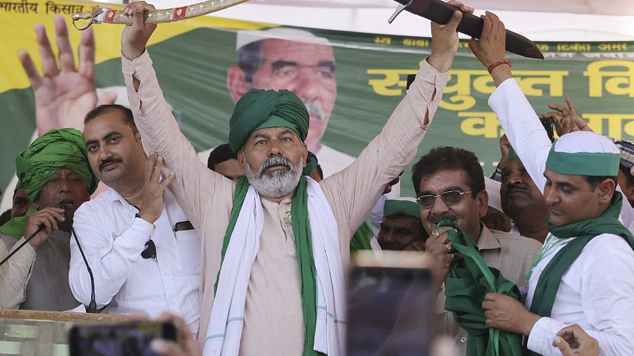 Bharatiya Kisan Union (BKU) spokesperson Rakesh Tikait attends a 'Kisan Mahapanchayat', in support of the ongoing farmers' agitation against Centre's three agri-laws. Credit: PTI Photo