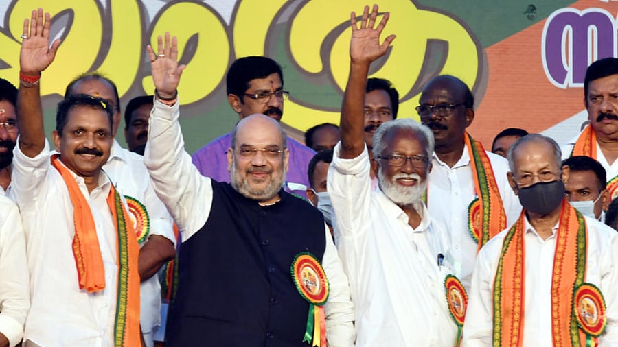 Union Home Minister Amit Shah during 'Vijaya Yatra' for the upcoming state assembly polls, at Shangumugham Beach in Thiruvananthapuram, Sunday, March 7, 2021. Credit: PTI Photo