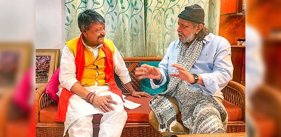 BJP General Secretary Kailash Vijayvargiya meets actor Mithun Chakraborty in Kolkata, Saturday. Credit: PTI