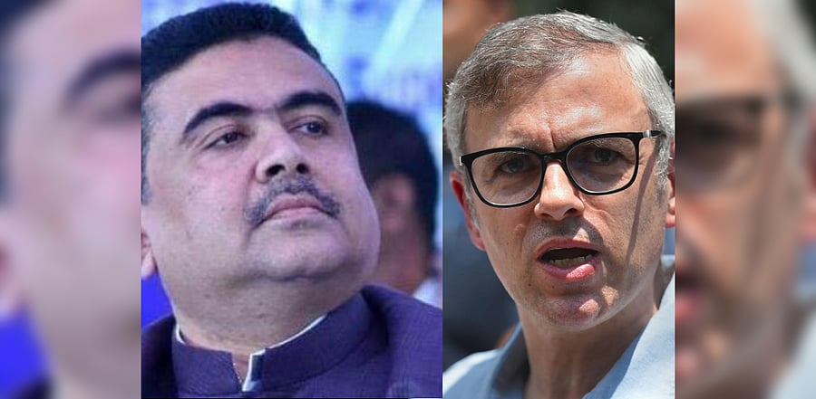 National Conference leader Omar Abdullah(R) and Suvendu Adhikari(L). Credit: PTI file photo.