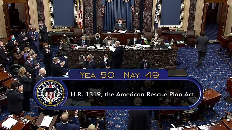 The US Senate passes President Joe Biden's $1.9 trillion Covid-19 relief plan in a party-line vote in Washington, US. Credit: Reuters Photo