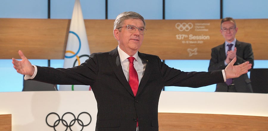 IOC president Thomas Bach reacting after he was re-elected during the 137th IOC Session held virtually in Lausanne. Credit: AFP Photo