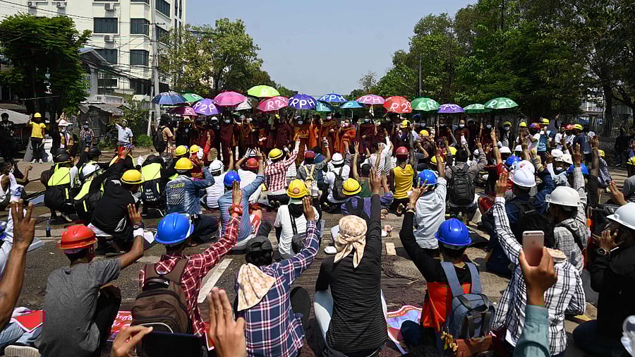 Protesters take part in a demonstration against the military coup in Yangon. Credit: AFP Photo
