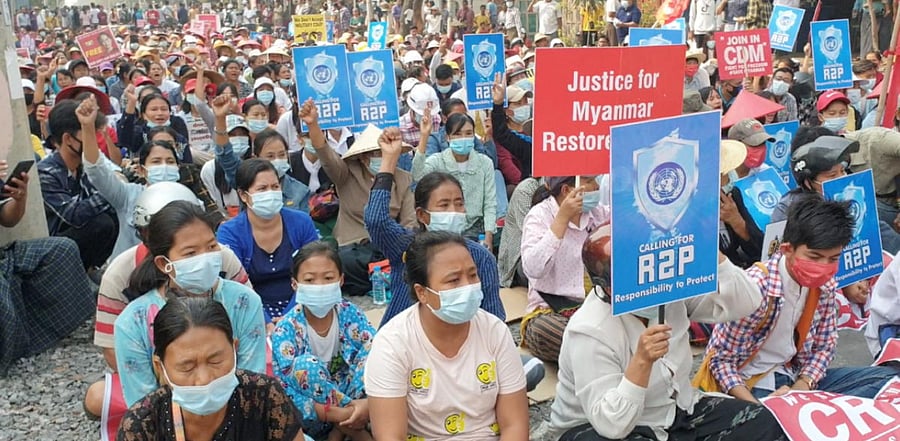 People take part in a sit-in protest in Mandalay, Myanmar. Credit: Reuters Photo