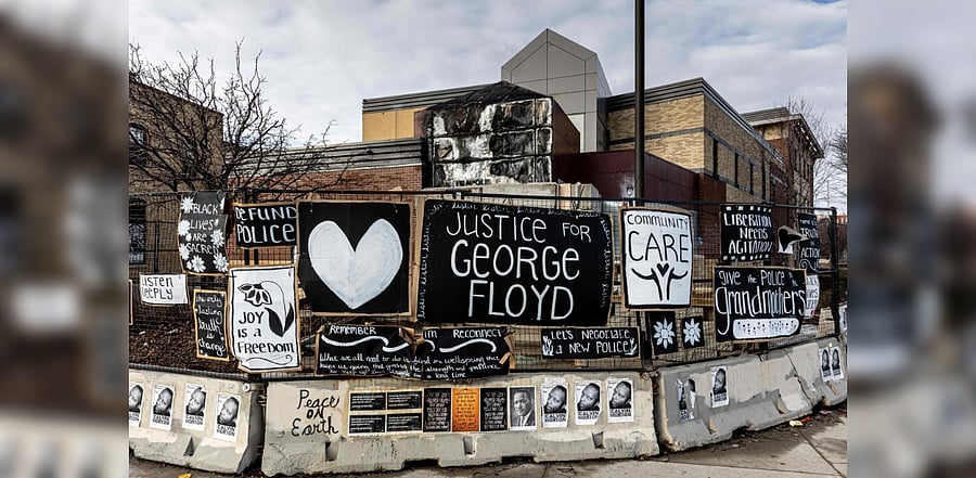 A general view is seen of the burned and destroyed Third Police Precinct on March 11, 2021 in Minneapolis, Minnesota, as the precinct building was burned May 2020 during the protests after the death of George Floyd. Credit: AFP photo.