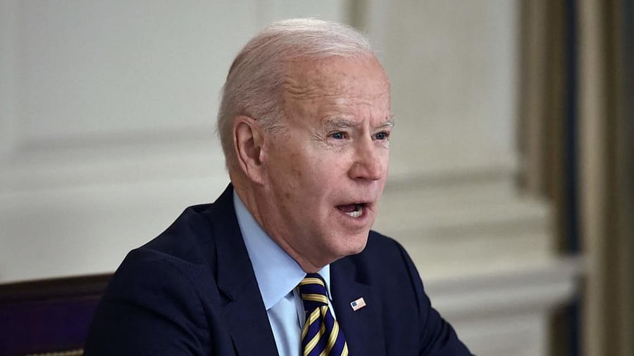 US President Joe Biden speaks during a virtual meeting with members of the "Quad" alliance of Australia, India, Japan and the US, in the State Dining Room of the White House in Washington, DC, on March 12, 2021.  Credit: AFP Photo