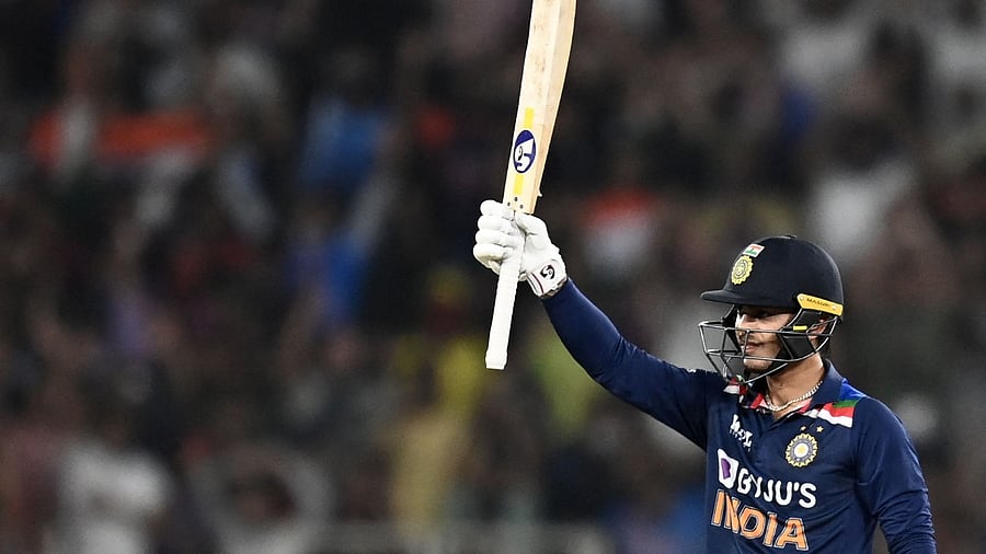 India's Ishan Kishan celebrates after scoring a half-century (50 runs) during the second Twenty20 international cricket match between India and England. Credit: PTI Photo