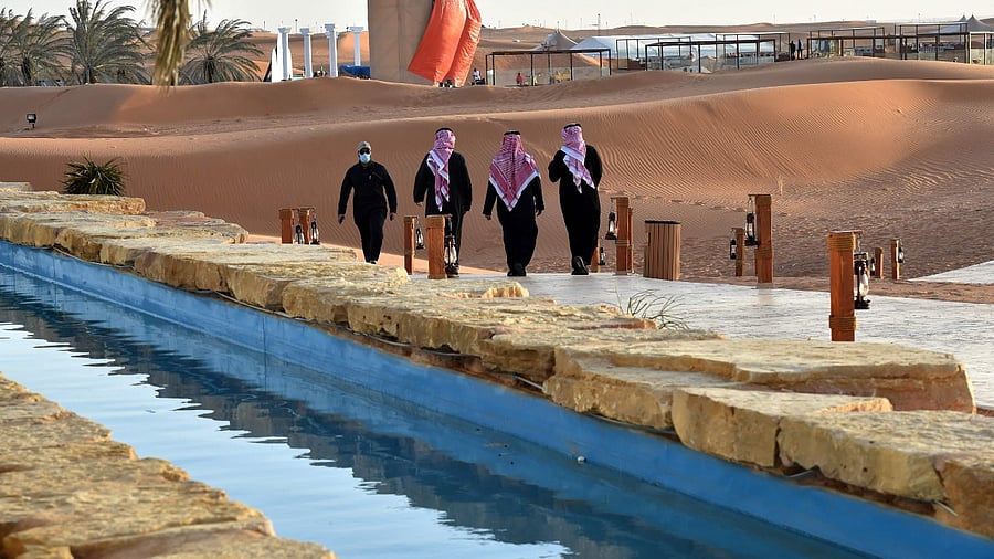 Visitors at the 'Riyadh Oasis', a luxury retreat in the Thumamah desert on the outskirts of the Saudi capital. Credit: AFP Photo