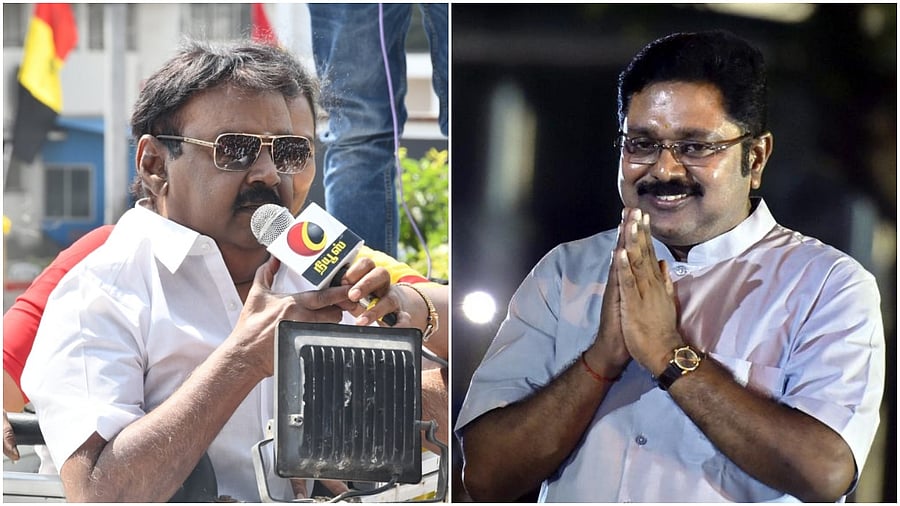 Actor Vijayakant and T T V Dhinakaran. Credit: Twitter, PTI Photos