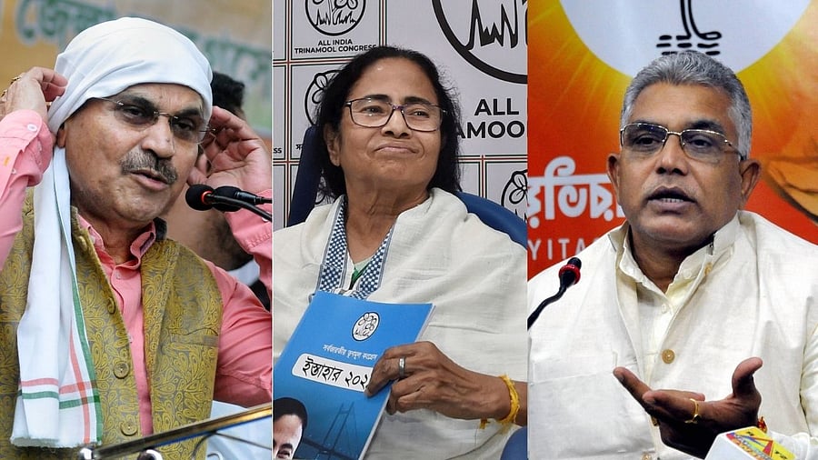 Chief Minister Mamata Banerjee, BJP chief Dilip Ghosh and State Congress chief Adhir Ranjan Chowdhury. Credit: PTI File Photos