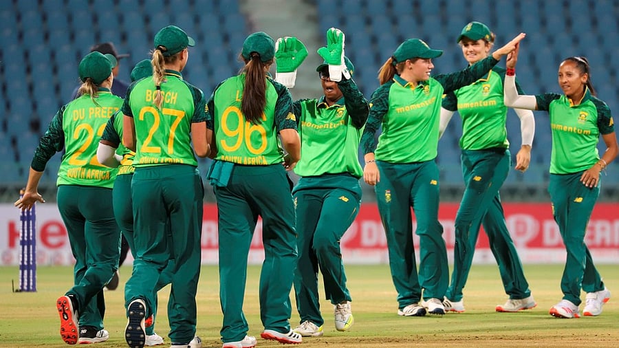 South Africa women cricketers after defeating Indian women cricketers by eight wickets in the T-20 International cricket match, in Lucknow. Credit: Twitter Photo/@OfficialCSA/via PTI