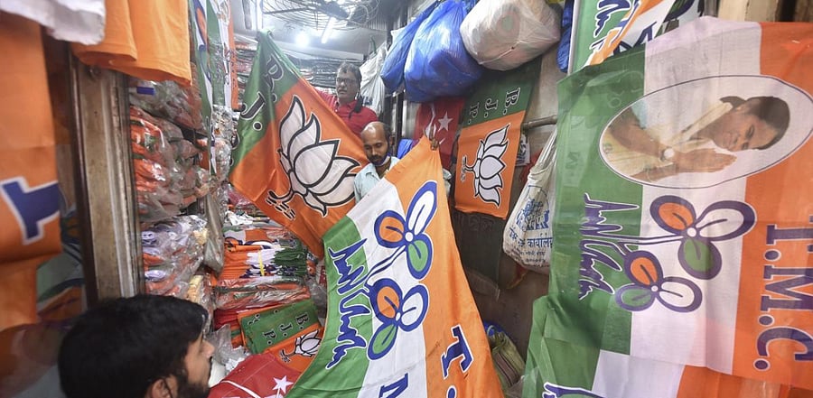 Flags of TMC and BJP. Credit: PTI photo.