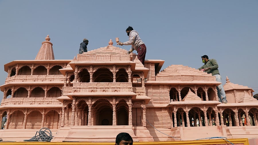 Workers give finishing touches to the model of the proposed Ram temple. Credit: Reuters