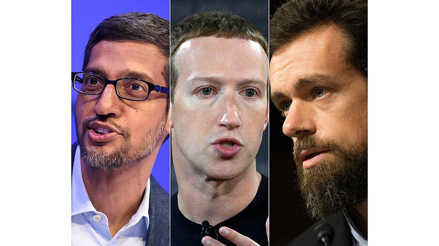 The CEOs of social media giants Facebook, Twitter and Google face a new grilling by Congress Thursday. Credit: AFP File Photo