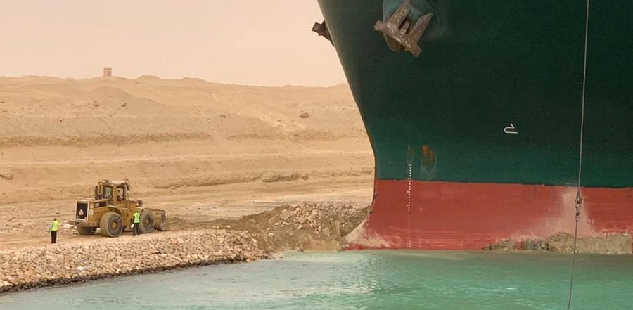 Container ship runs aground in Suez Canal and blocks traffic. Credit: Reuters Photo