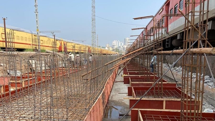 The work on pit line in progress at Mangaluru Central Railway Station. Credit: DH Photo