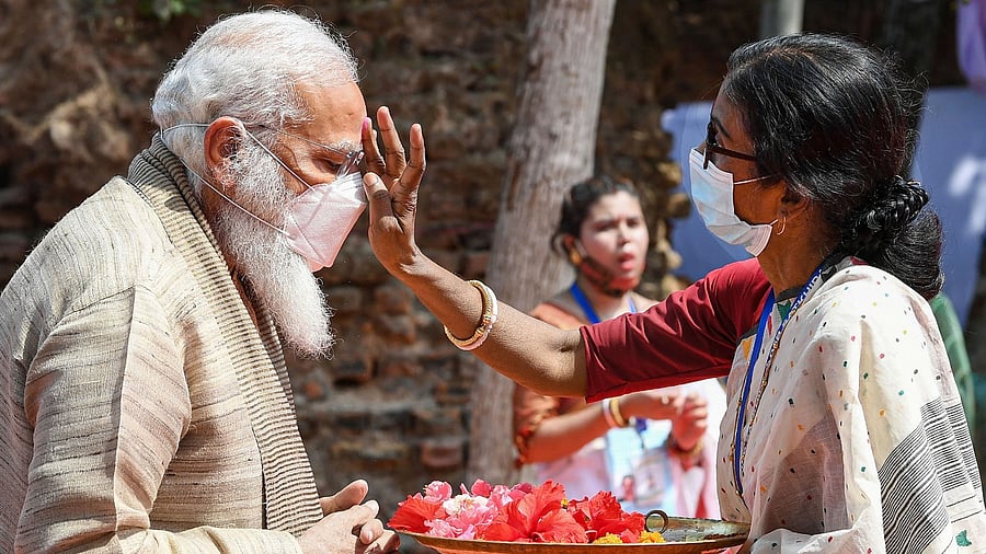 Prime Minister Narendra Modi visits the Jeshoreshwari Kali Temple, in Satkhira, Bangladesh, Saturday, March 27, 2021. Credit: PIB/PTI Photo