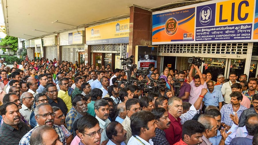 Employees of LIC staged protest marches across the country after the government announced the move to sell stake in the company. Credit: PTI file photo.
