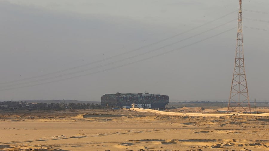 A view shows the stranded container ship Ever Given, one of the world's largest container ships, after it ran aground, in Suez Canal. Credit: Reuters.