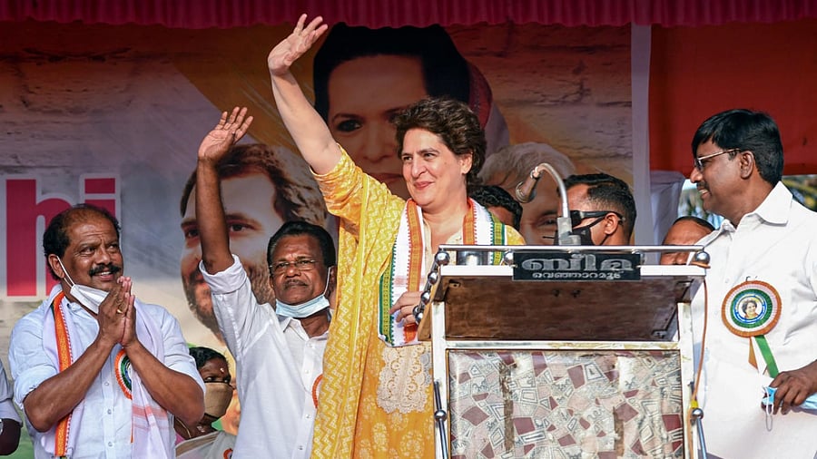 Congress General Secretary Priyanka Gandhi Vadra greets the crowd during an election campaign rally at Venjaramoodu, ahead of the Kerala Assembly polls, in Thiruvananthapuram. Credit: PTI.