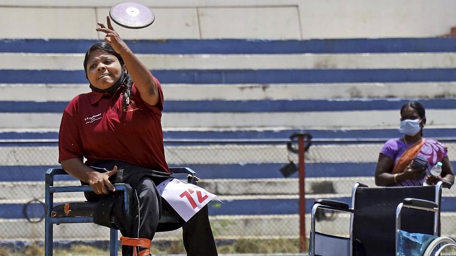 An athlete participates in 19th National Para Athletics Championships-2021, at Kanteerava Stadium in Bengaluru. Credit: PTI