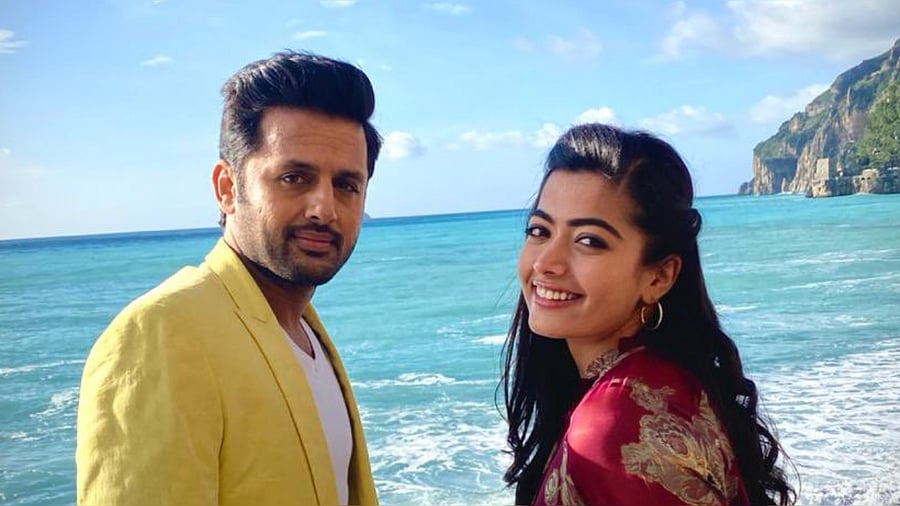 Nithiin and Rashmika Mandanna during the shoot of 'Bheeshma'. Credit: Twitter/@iamRashmika