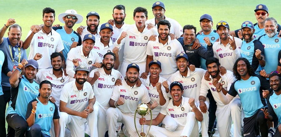 India celebrates winning on day five of the fourth test match between Australia and India at the Gabba in Brisbane, Australia, January 19, 2021. Credit: Reuters Photo