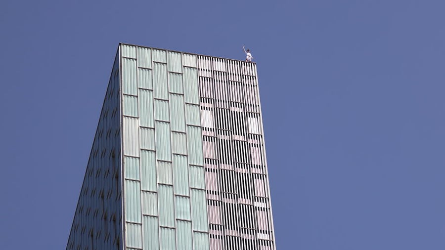 George King, the man who climbed the Shard, reacts after climbing the Hotel Melia Barcelona Sky in Barcelona, Spain, April 2, 2021. Credit: Reuters Photo