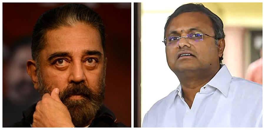 Makkal Neethi Maiam Kamal Haasan (L), Congress leader Karti Chidambaram. Credit: DH Collage