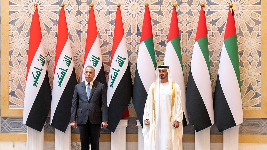 Sheikh Mohamed bin Zayed al-Nahyan (R), Crown Prince of Abu Dhabi and Deputy Supreme Commander of the UAE Armed Forces, receiving Iraq's Prime Minister Mustafa al-Kadhemi. Credit: AFP Photo