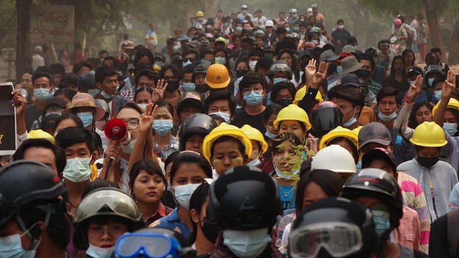 Protesters taking part in a demonstration against the military coup in Monywa. Credit: AFP Photo