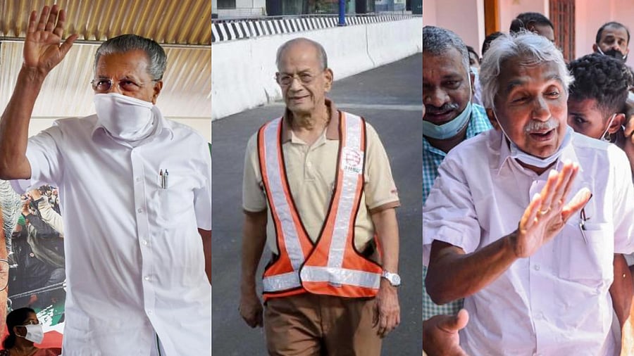 (From left) Kerala CM Pinarayi Vijayan, 'Metro Man' E Sreedharan and Oommen Chandy. Credit: PTI.