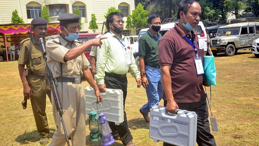 Polling parties leave for TTAADC elections duty, in Agartala, Tripura, Monday. Credit: PTI.