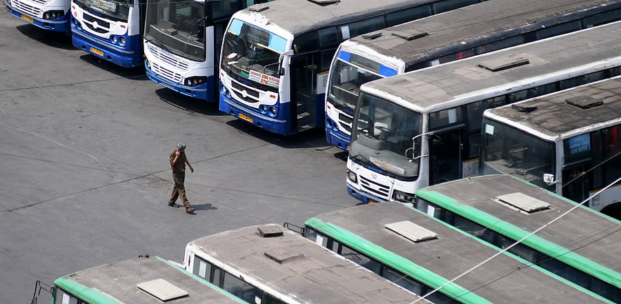 Several BMTC buses parked at Yeshwantpur bus depot on the day-2 of the on-going RTC workers strike, in Bengaluru. Credit: DH Photo