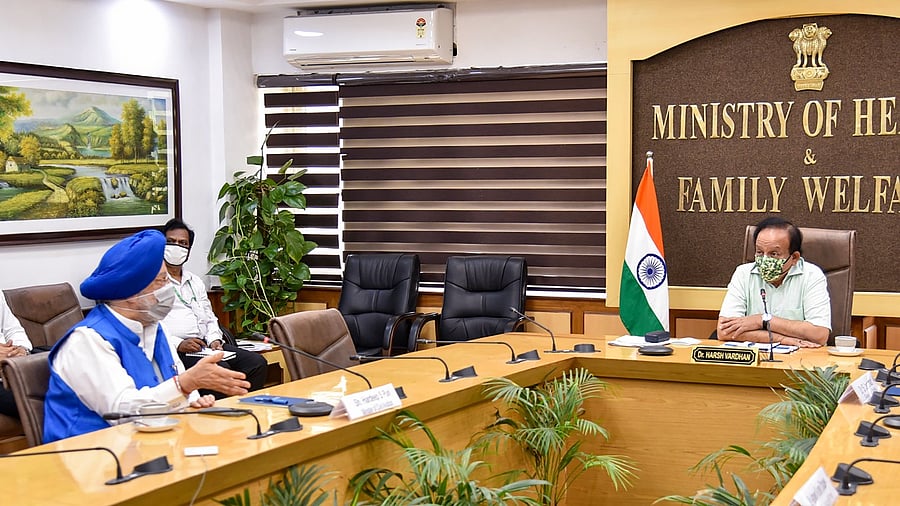 Union Minister for Health & Family Welfare, Science & Technology and Earth Sciences, Harsh Vardhan chairs the 24th meeting of the Group of Ministers (GoM) on Covid-19, through video conferencing from Nirman Bhawan. Credit: PTI.