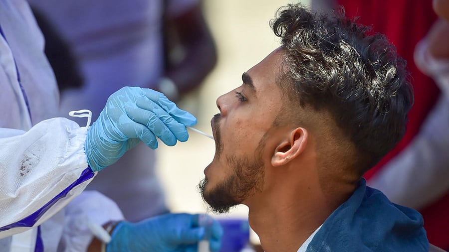 A health worker collects sample from a passenger for COVID-19 testing at KSRTC bus stand, amid surge in coronavirus cases, in Bengaluru. Credit: PTI photo.