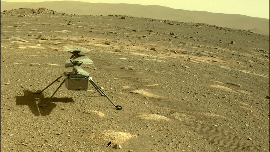 Ingenuity helicopter seen on Mars as viewed by the Perseverance rover’s rear Hazard Camera. Credit: AFP Photo