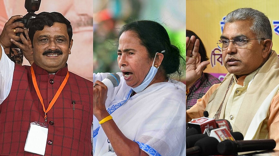BJP's Rahul Sinha (L), West Bengal CM Mamata Banerjee (C), and BJP West Bengal chief Dilip Ghosh. Credit: PTI Photos