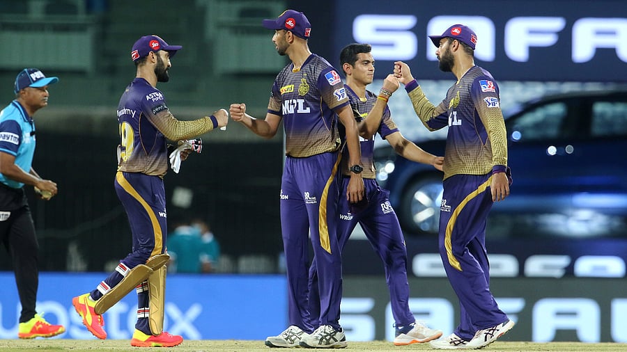 Kolkata Knight Riders players after the match 3 of the Vivo Indian Premier League 2021 between Sunrisers Hyderabad and Kolkata Knight Riders held at the M. A. Chidambaram Stadium. Credit: PTI Photo