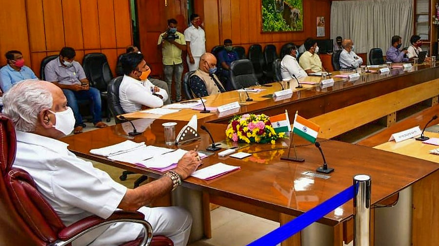 B S Yediyurappa participating with in a video conference on Covid 19 situation with PM, other states. Credit: DH File Photo