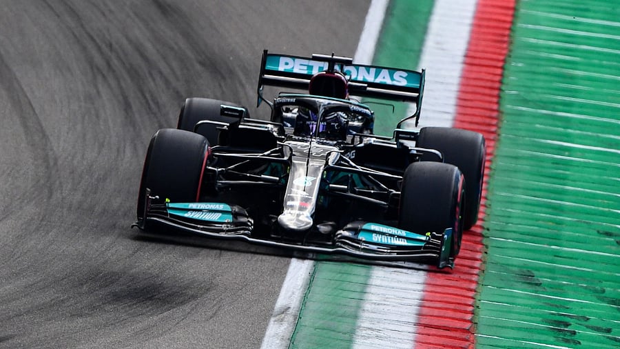 Mercedes' British driver Lewis Hamilton drives during the qualifying session on the eve of the Emilia Romagna Formula One Grand Prix at the Autodromo Internazionale Enzo e Dino Ferrari race track in Imola, Italy. Credit: AFP photo